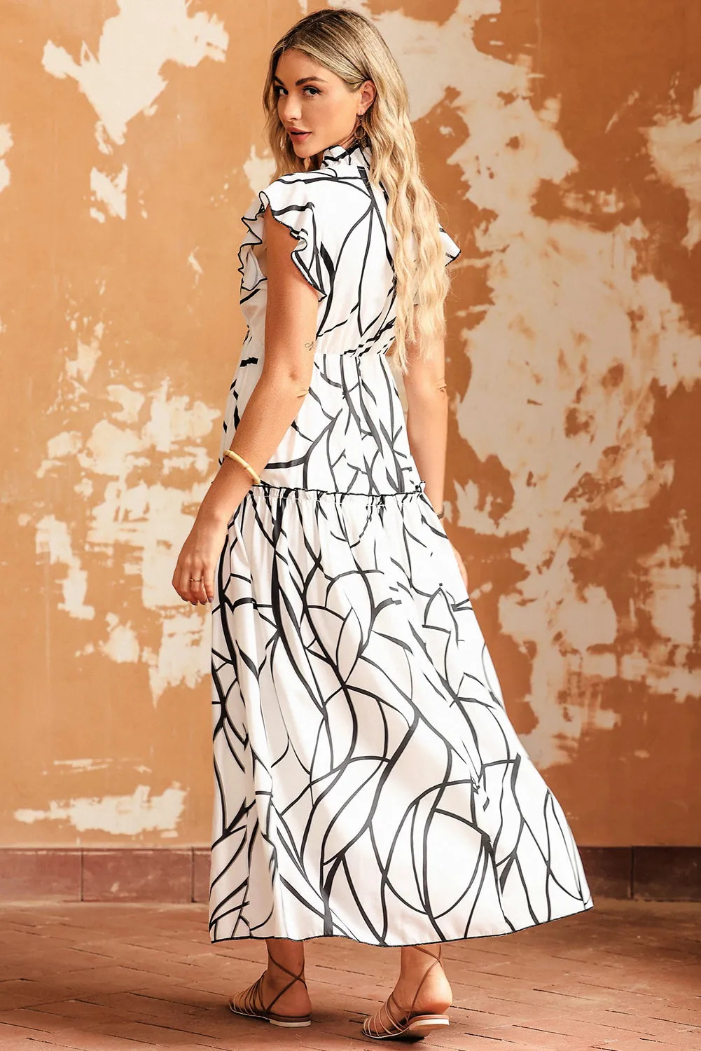 Abstract Vein V Neck Ruffle Maxi Dress