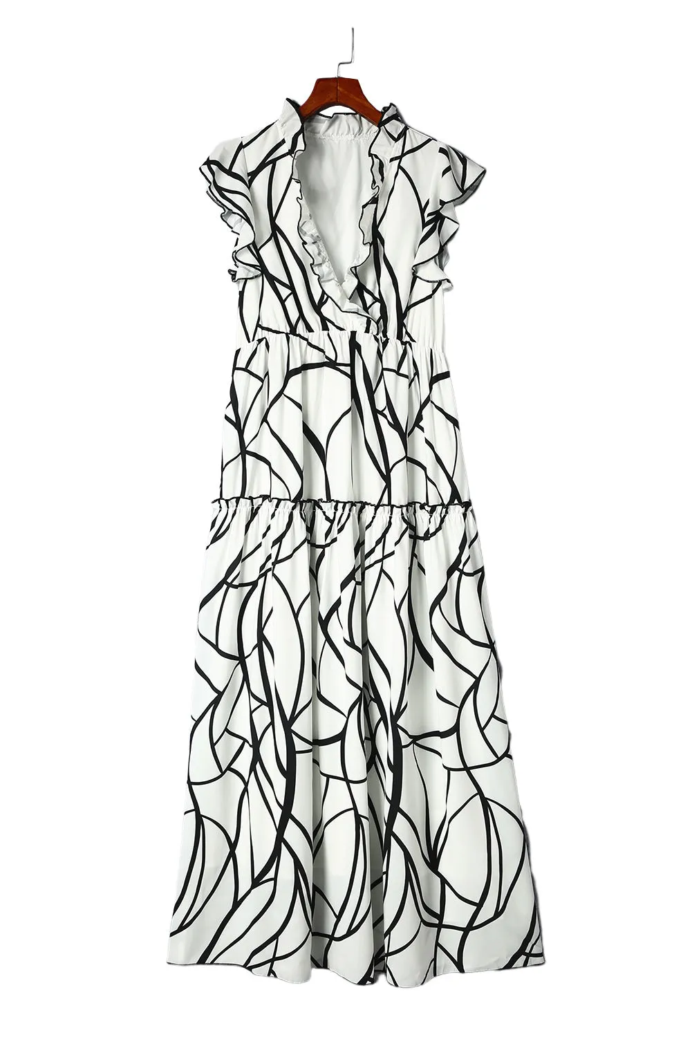 Abstract Vein V Neck Ruffle Maxi Dress