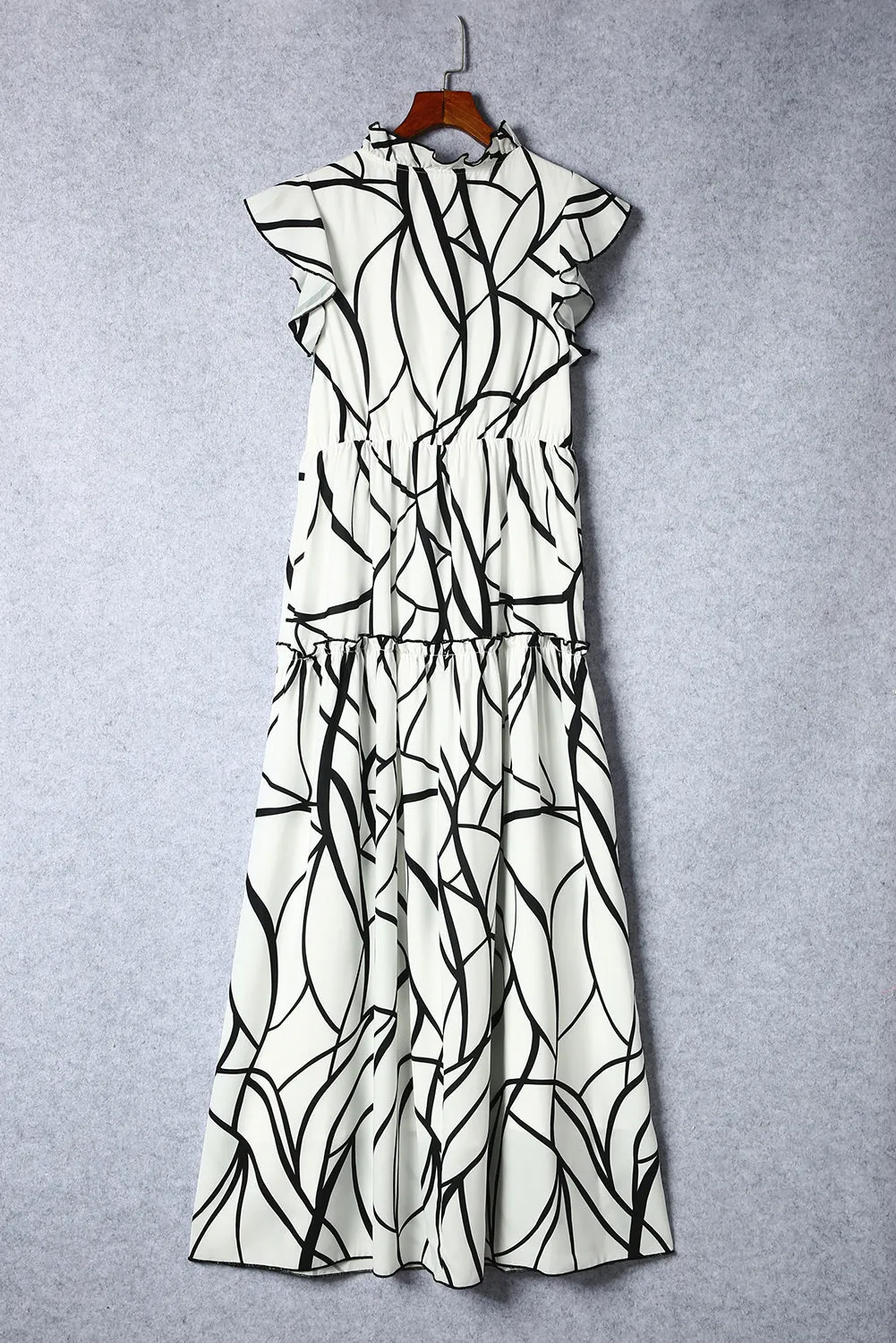 Abstract Vein V Neck Ruffle Maxi Dress