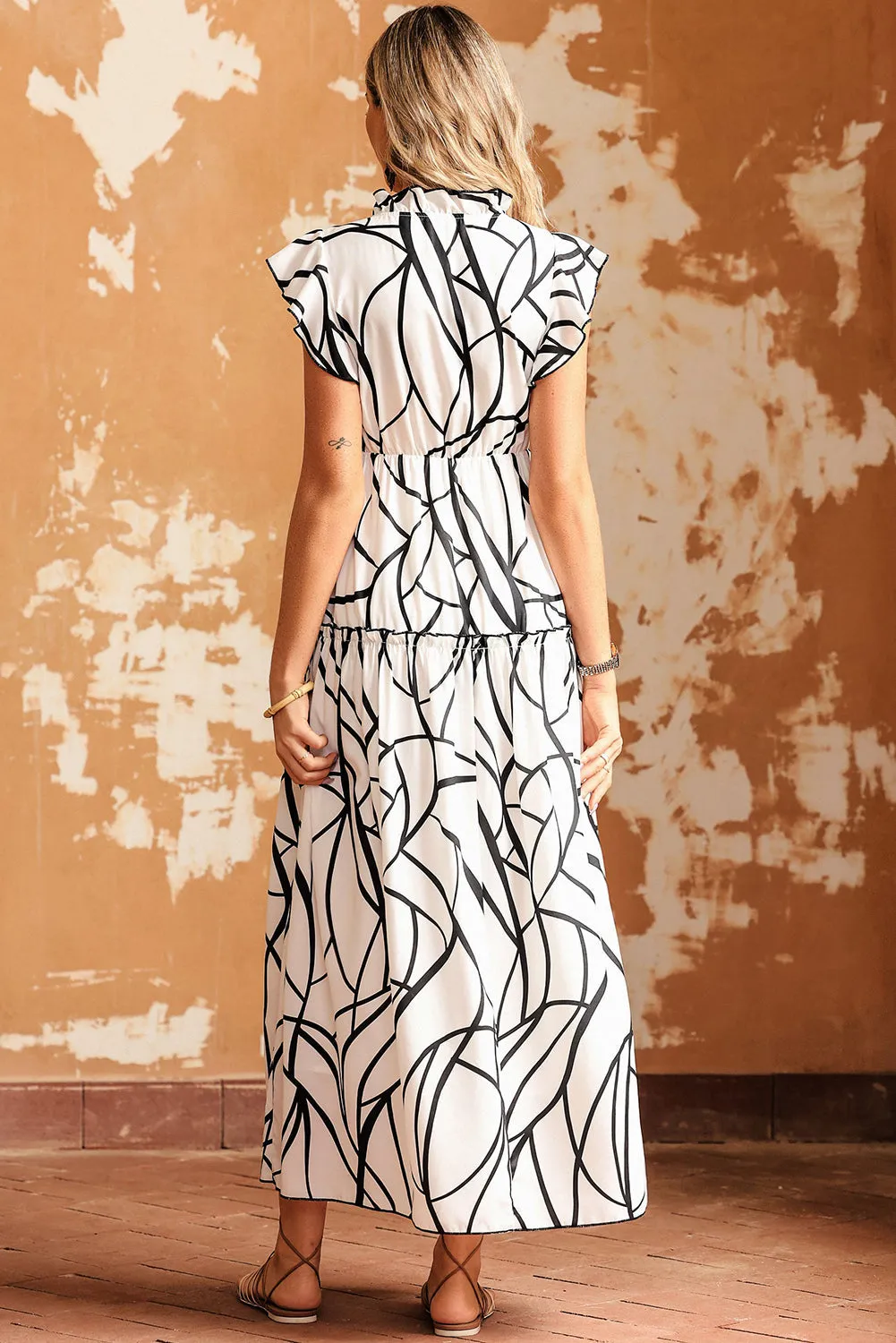 Abstract Vein V Neck Ruffle Maxi Dress