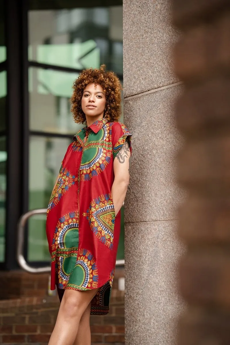 African Shirt Dress in Red Dashiki