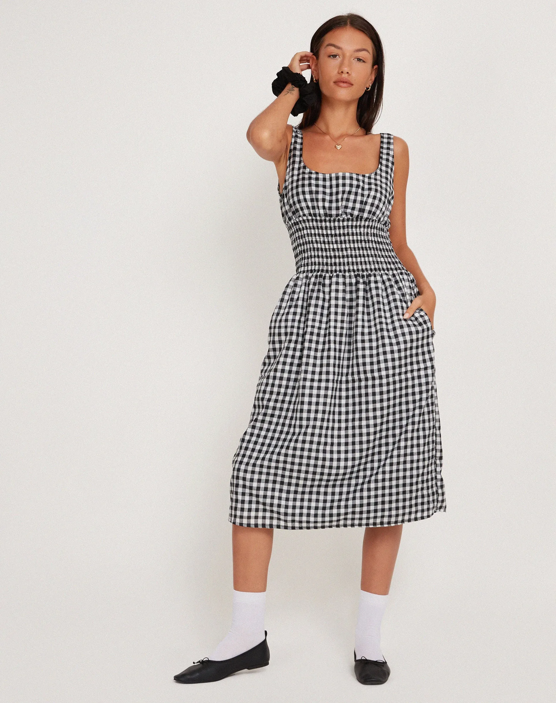 Ambrose Midi Dress in Black and White Gingham