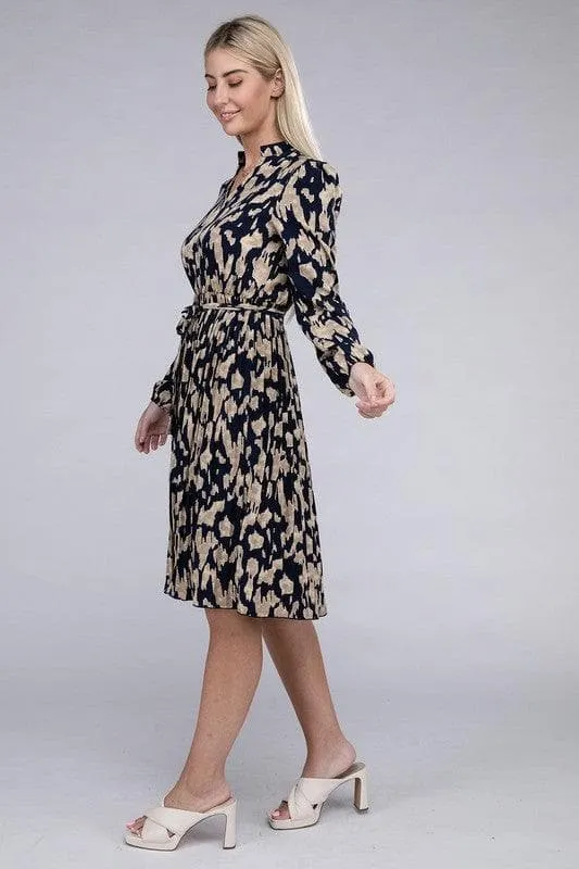 Amelia Animal Print Pleated Belted Dress