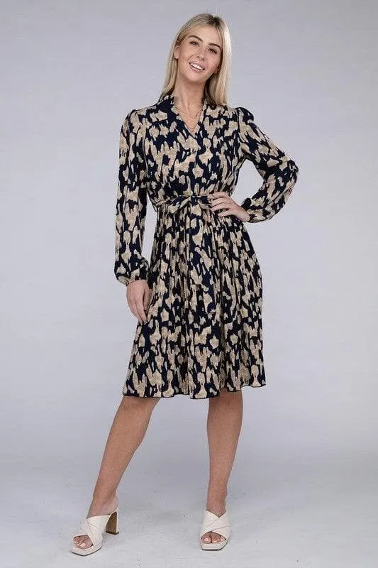 Amelia Animal Print Pleated Belted Dress