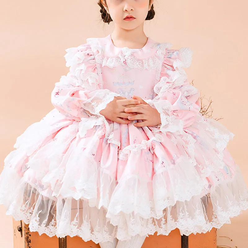 Baby Girl Pink Long Sleeve Lolita Lace Dresses Girl Princess Party Dresses