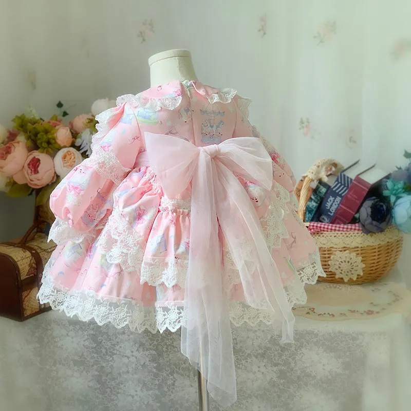 Baby Girl Pink Long Sleeve Lolita Lace Dresses Girl Princess Party Dresses