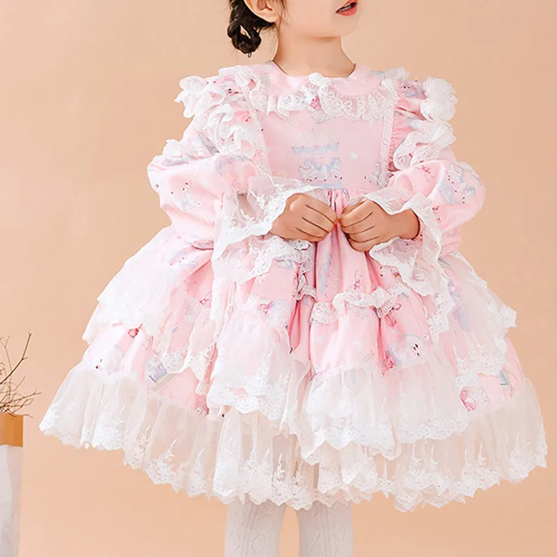 Baby Girl Pink Long Sleeve Lolita Lace Dresses Girl Princess Party Dresses