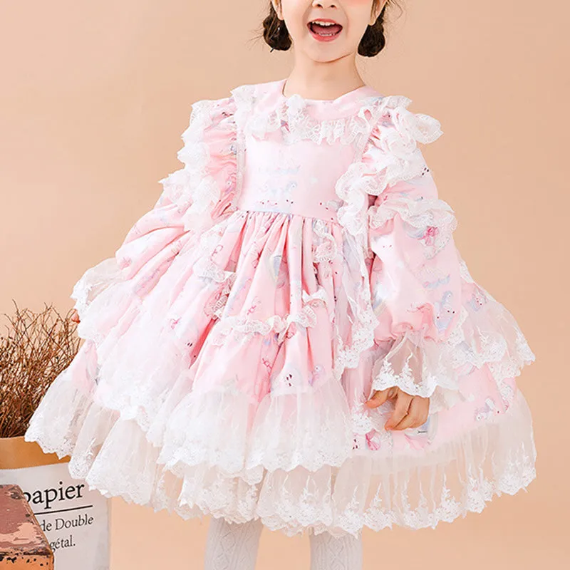 Baby Girl Pink Long Sleeve Lolita Lace Dresses Girl Princess Party Dresses