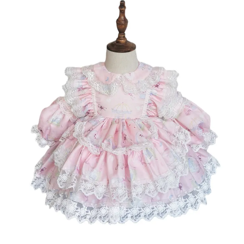 Baby Girl Pink Long Sleeve Lolita Lace Dresses Girl Princess Party Dresses