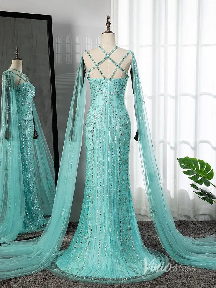 Beaded Mermaid Evening Dresses Extra Long Sleeve Pageant Dress AD1127