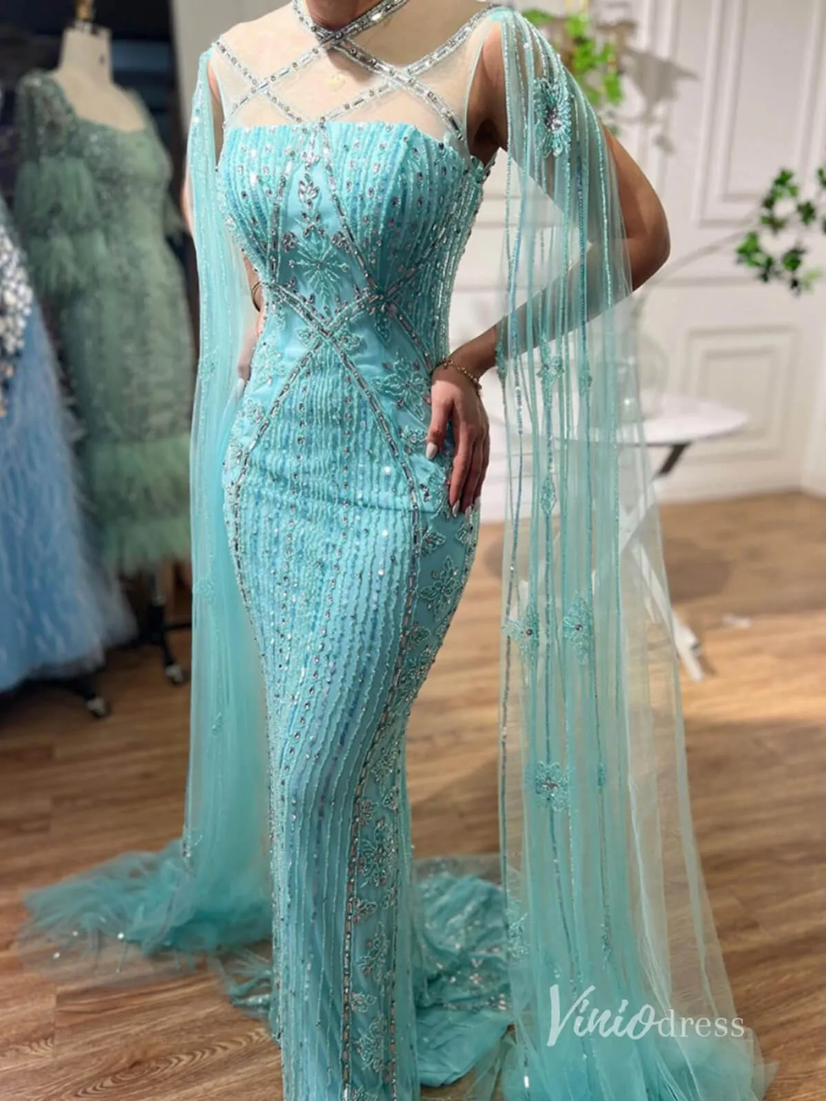 Beaded Mermaid Evening Dresses Extra Long Sleeve Pageant Dress AD1127