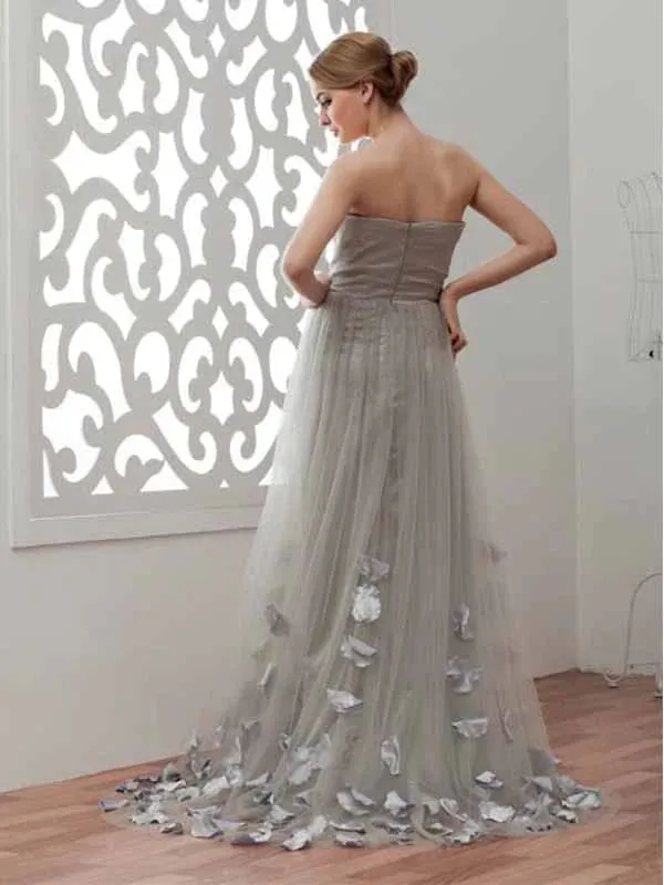 Beautiful A-line Strapless Floor Length Tulle Gray Prom Dresses, BG185