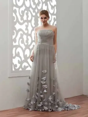 Beautiful A-line Strapless Floor Length Tulle Gray Prom Dresses, BG185