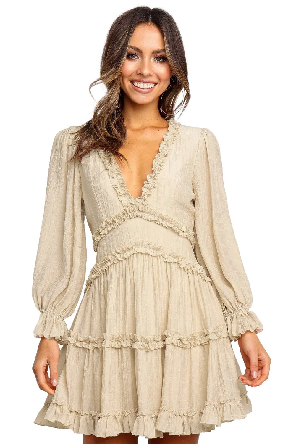 Beige Ruffle Deep Neck Open Back Short Dress