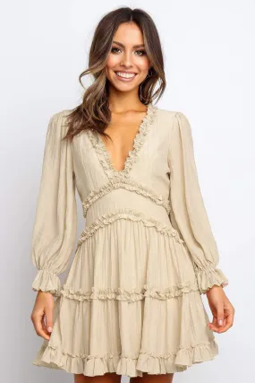 Beige Ruffle Deep Neck Open Back Short Dress