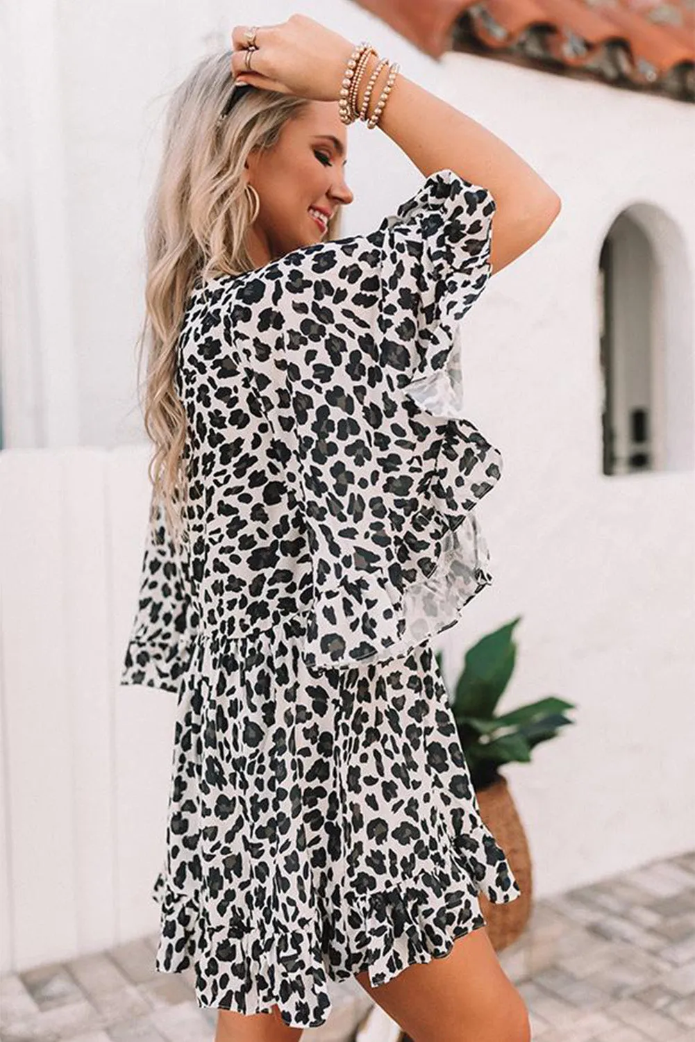 Black Animal Print Flare Sleeve Mini Dress