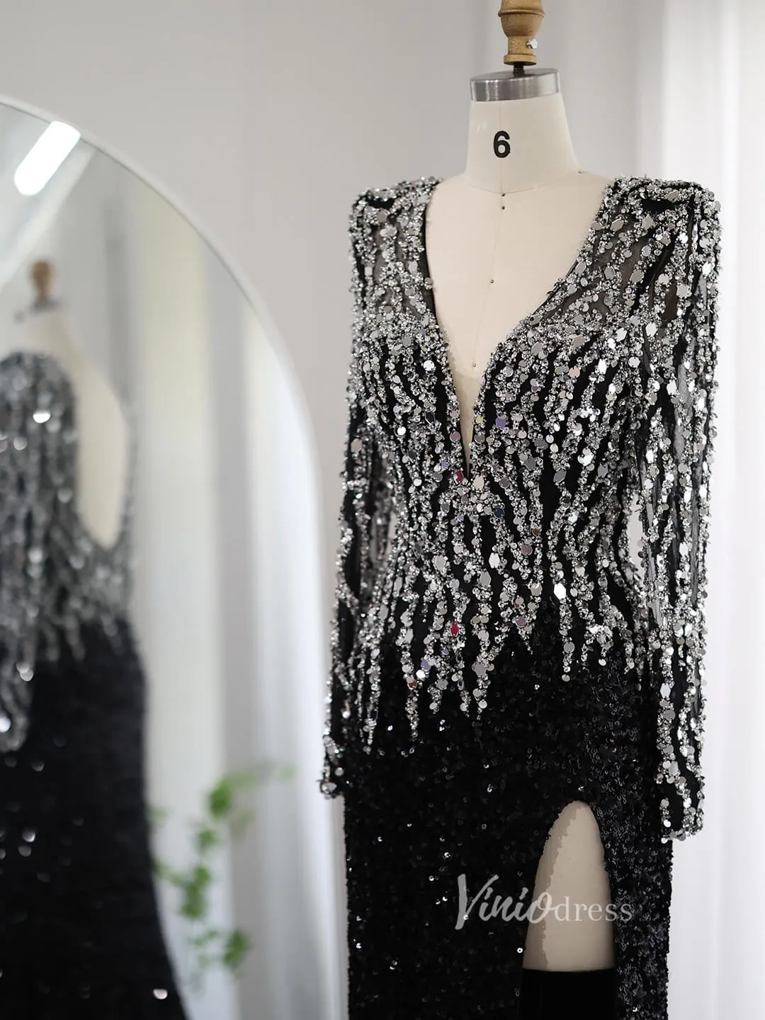 Black Beaded V-Neck Prom Dresses with Slit Sequin Long Sleeve Open Back Pageant Dress AD1175