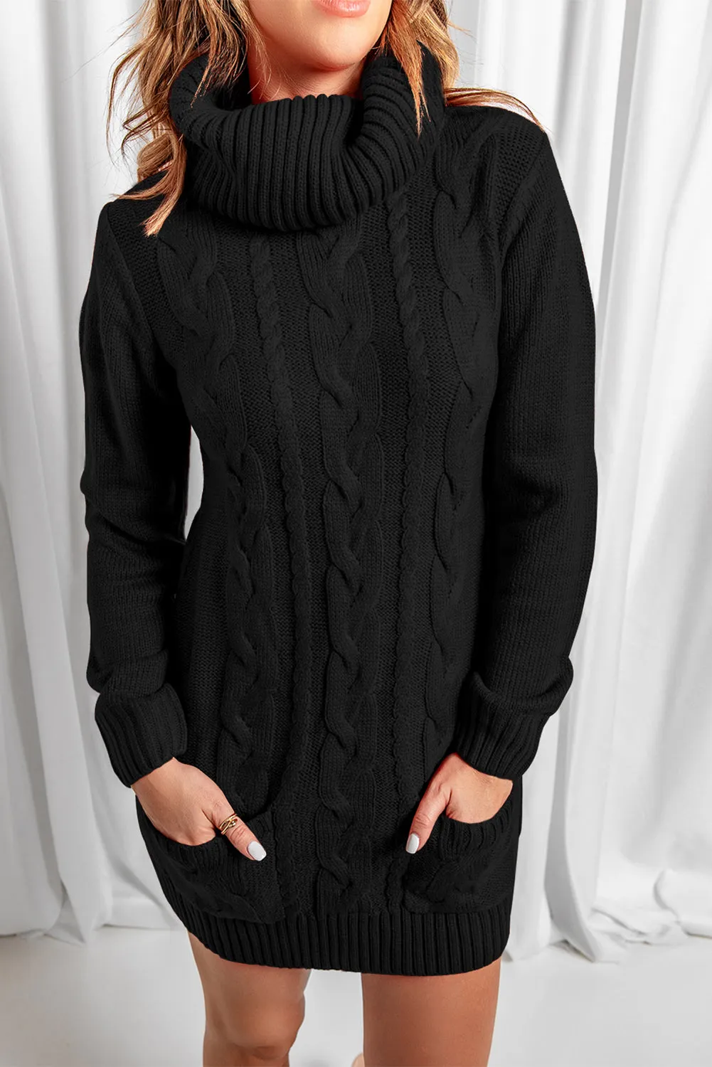 Black Cable Knit Pocketed Sweater Dress