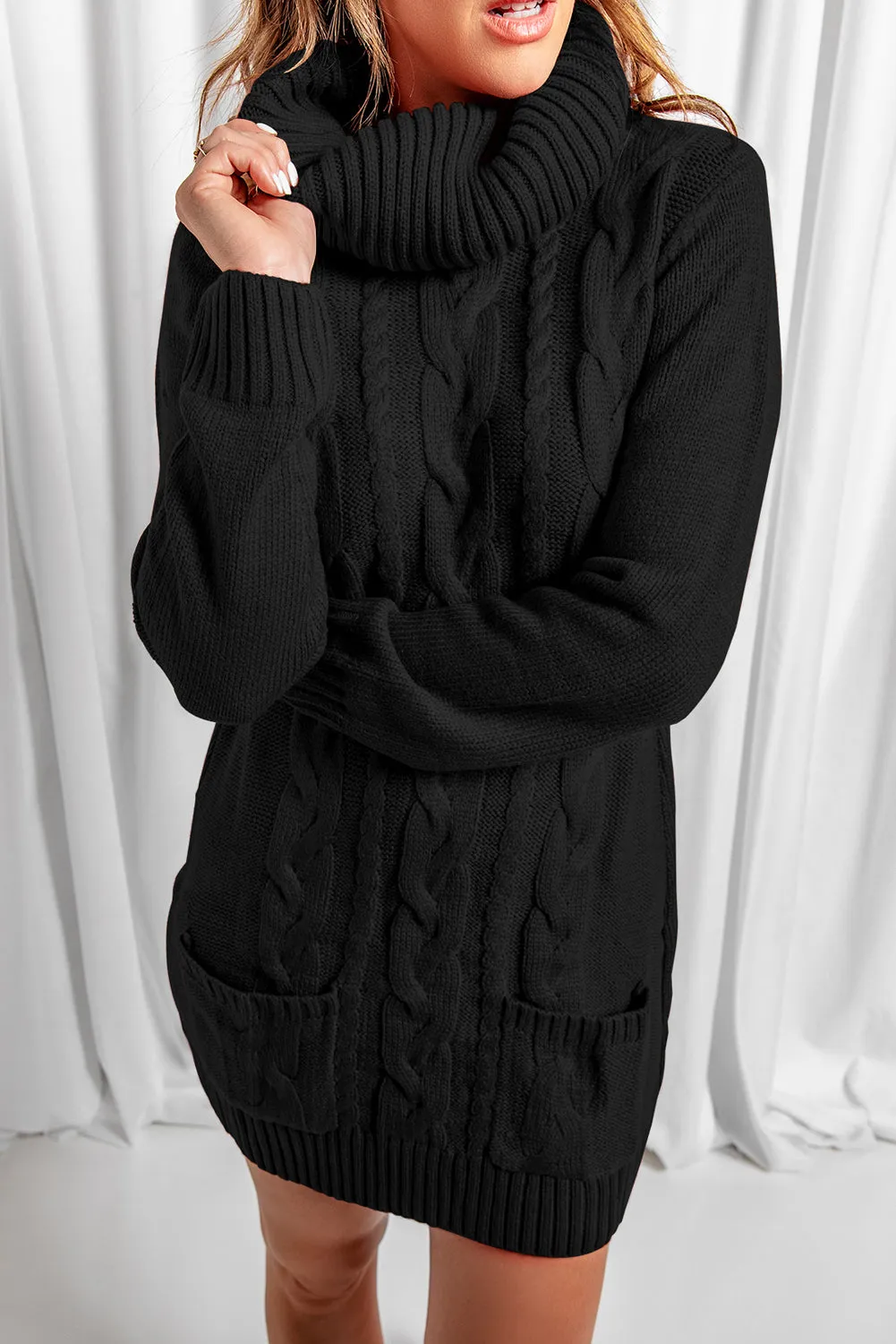 Black Cable Knit Pocketed Sweater Dress