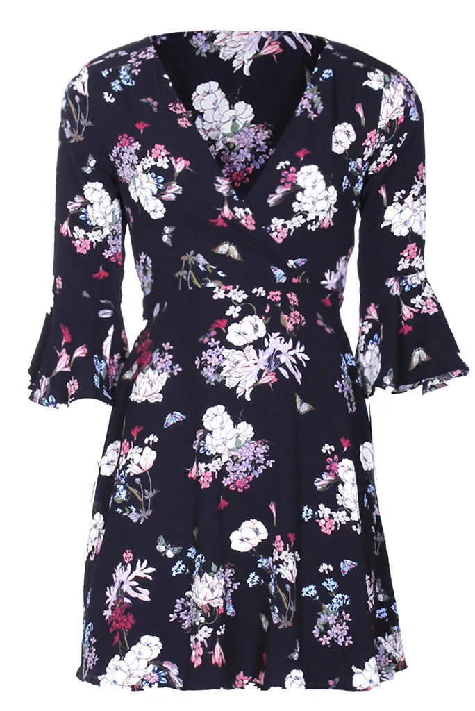 Black Floral Bell Sleeve Wrap Dress