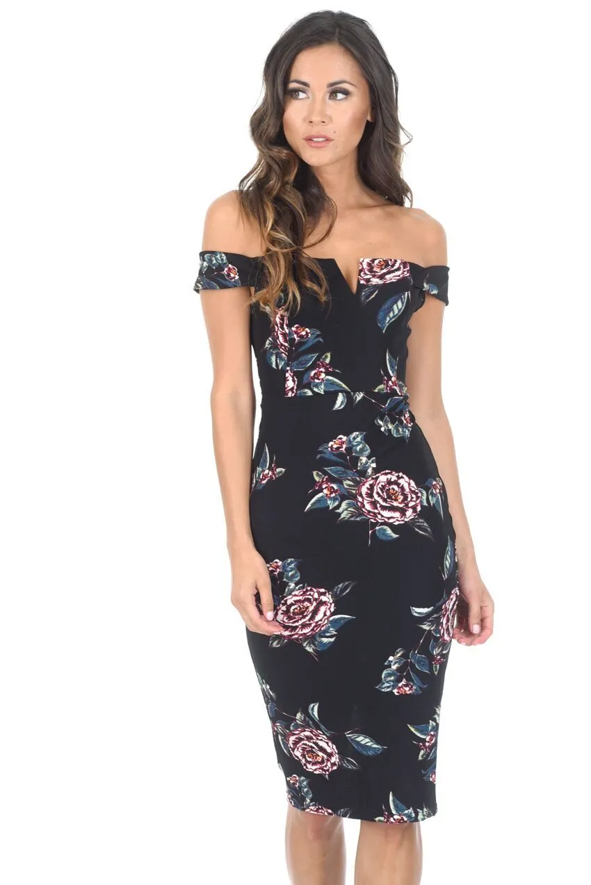 Black Floral Off The Shoulder Midi Dress