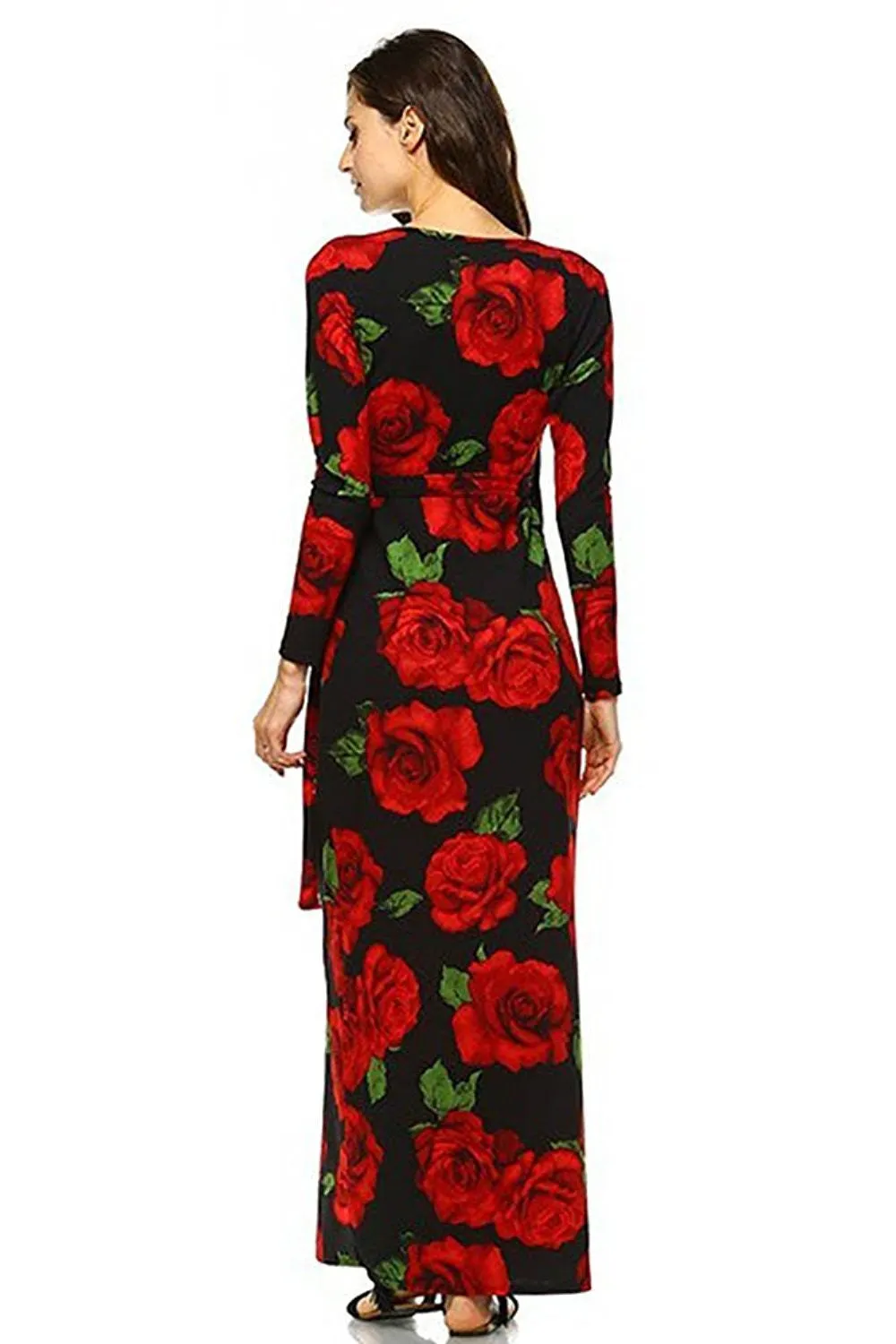 Black Floral Rose Long Sleeve Maxi Dress with Slit U.S.A