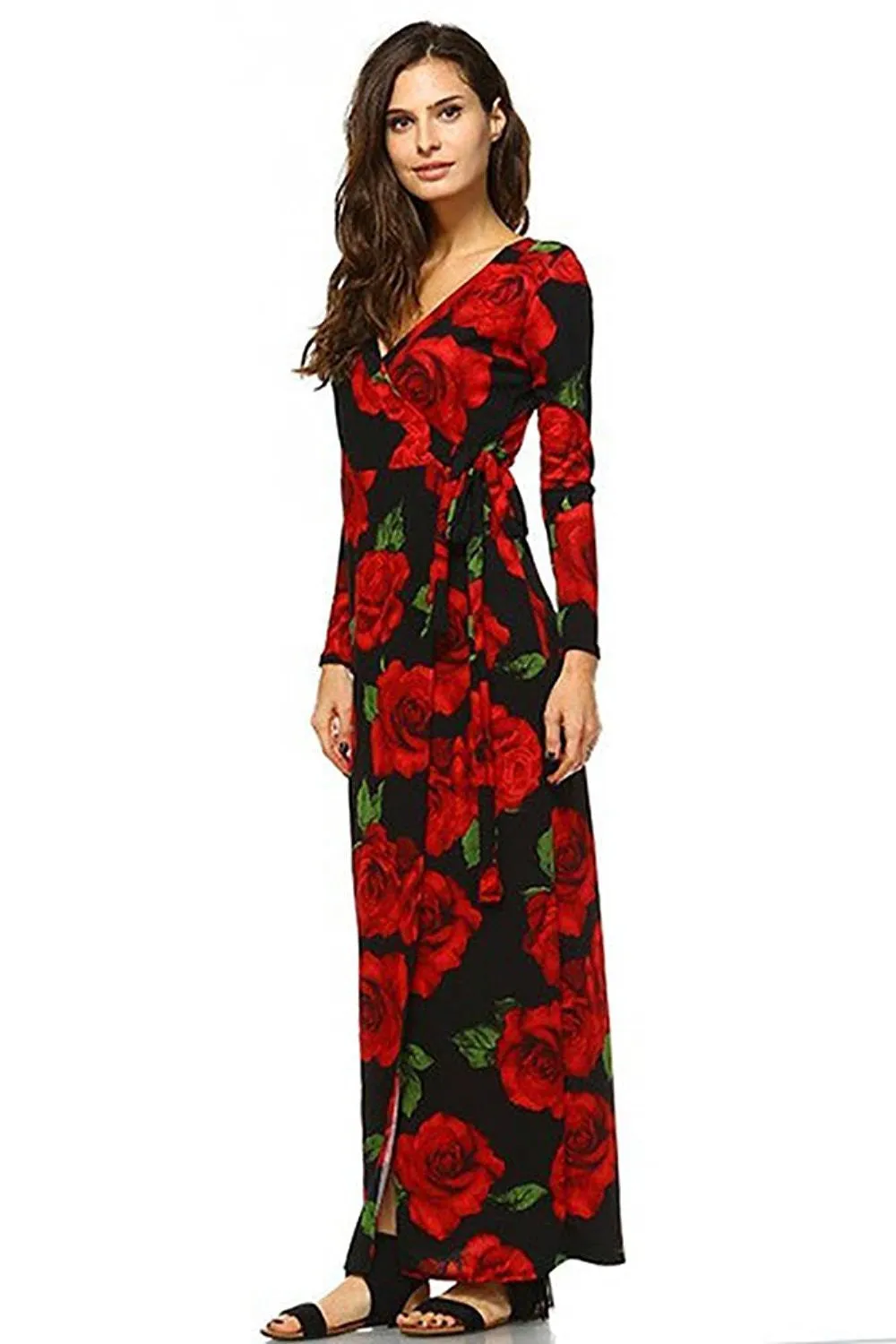 Black Floral Rose Long Sleeve Maxi Dress with Slit U.S.A