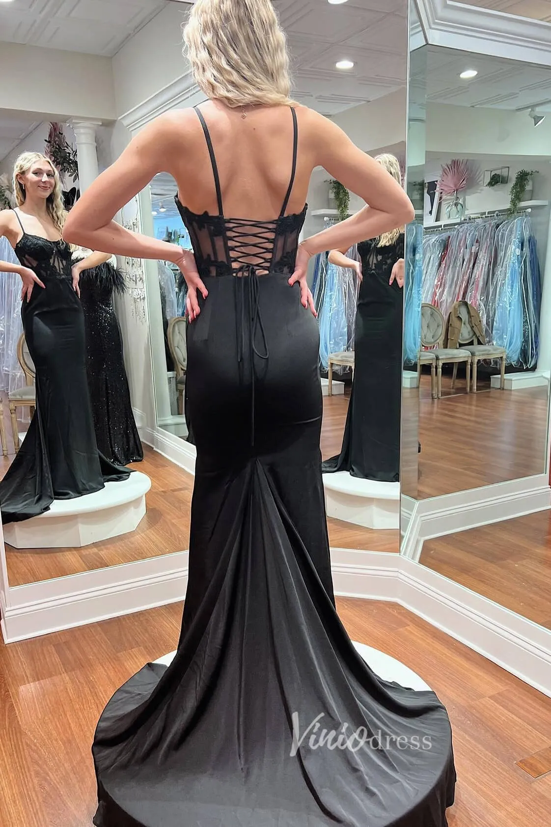 Black Lace Applique Mermaid Prom Dress with Spaghetti Strap and Corset Back FD3475