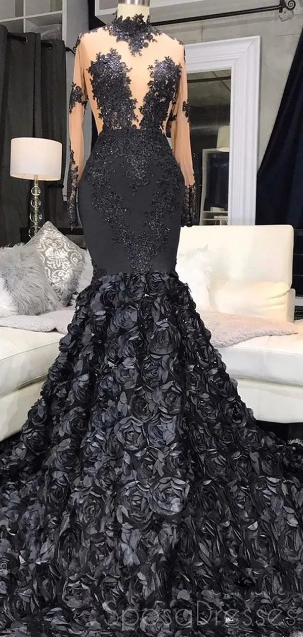 Black Mermaid Hand Made Flower Long Prom Dresses, Sweet 16 Prom Dresses, 12487