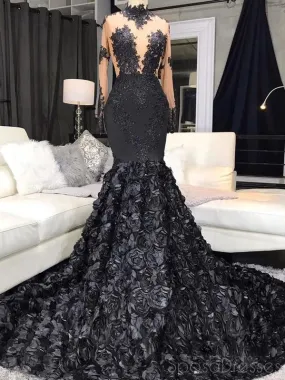 Black Mermaid Hand Made Flower Long Prom Dresses, Sweet 16 Prom Dresses, 12487