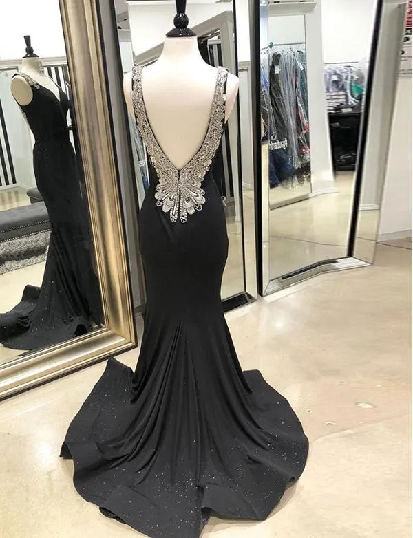 Black Mermaid Rhinestone Beaded Long Prom Evening Dresses, PD0953