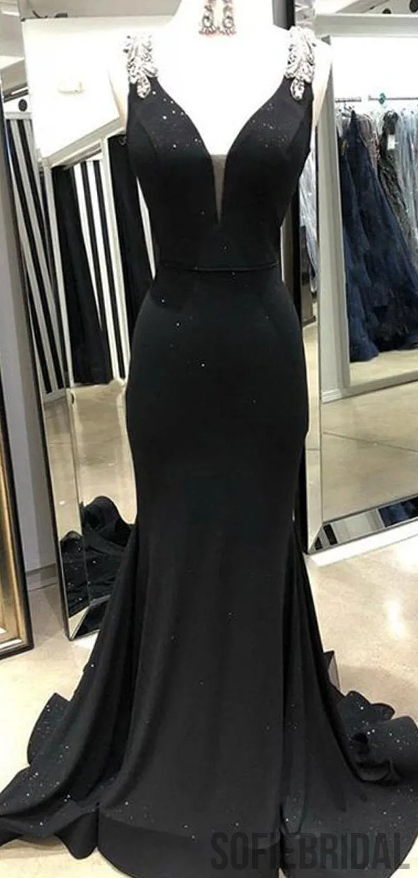 Black Mermaid Rhinestone Beaded Long Prom Evening Dresses, PD0953