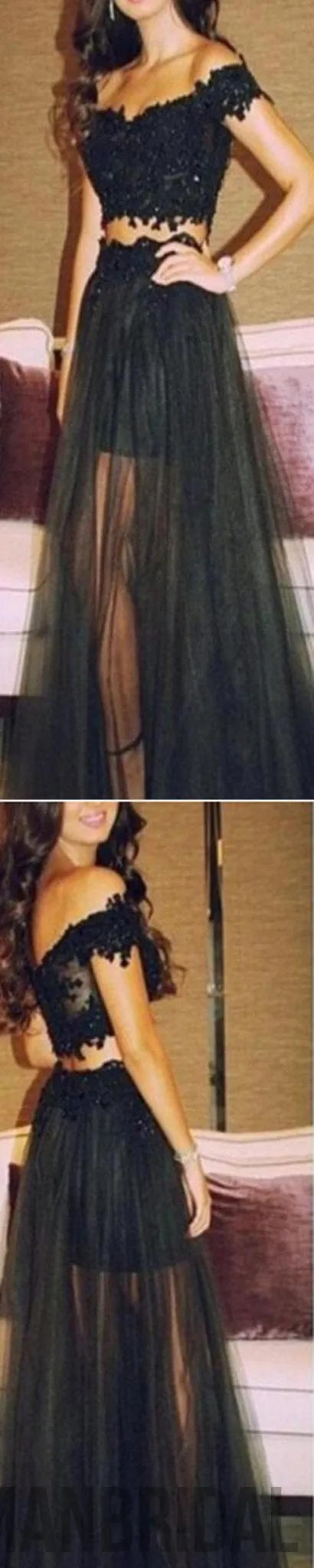 Black Off Shoulder Tulle Long Two Pieces Party Evening Prom Dresses Online,PD0081