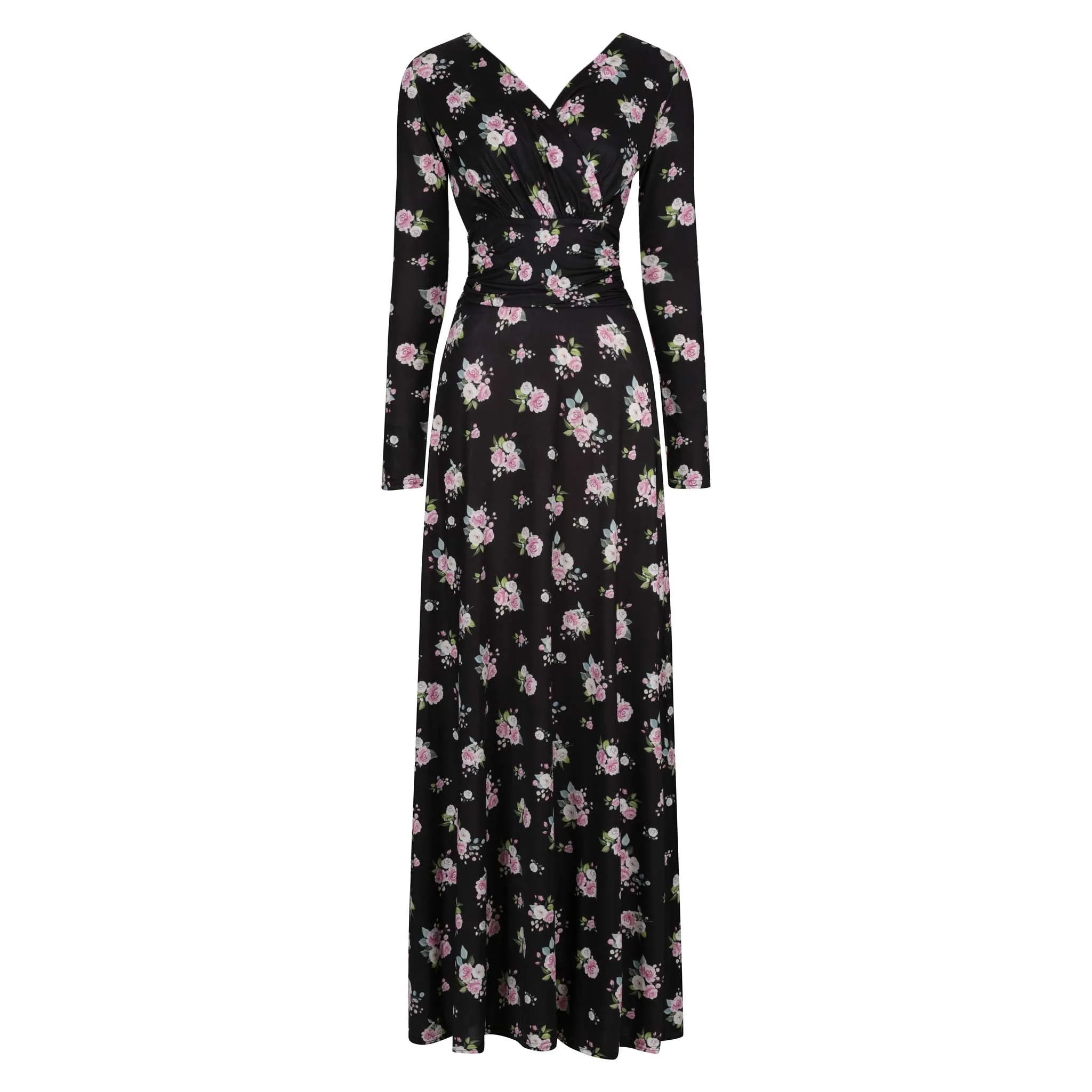 Black Pink Floral Print Long Sleeve Maxi Dress