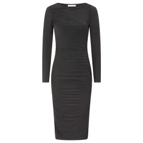 Black Pleated Long Sleeve Slinky Cocktail Wiggle Dress