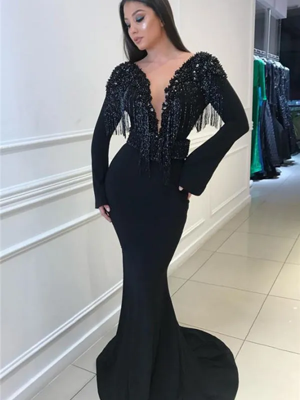 Black V-neck Mermaid Long Sleeve V-back Prom Dresses, PDS0286