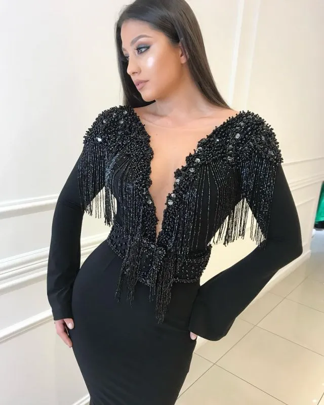 Black V-neck Mermaid Long Sleeve V-back Prom Dresses, PDS0286