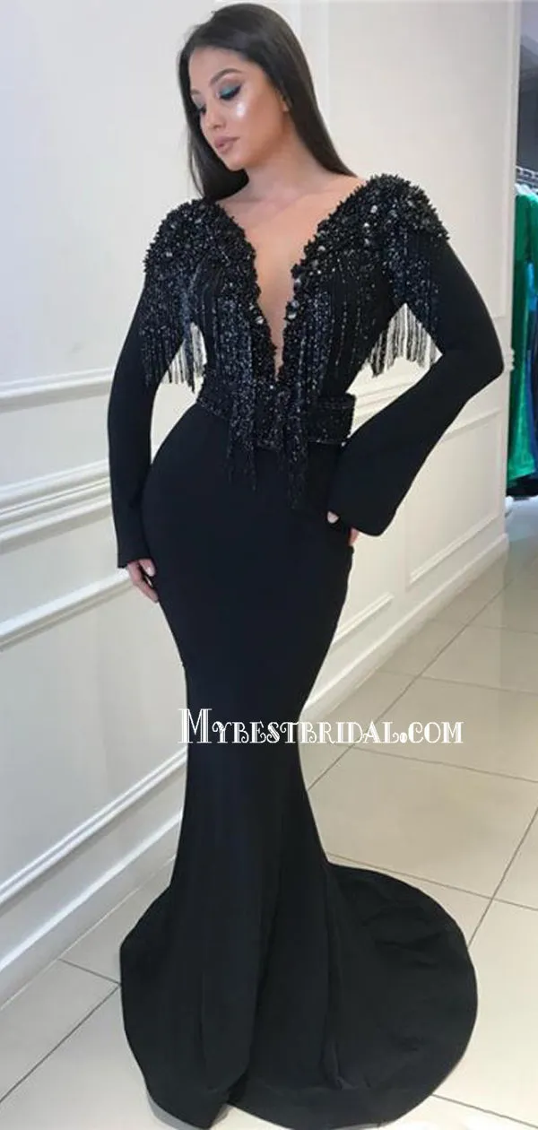 Black V-neck Mermaid Long Sleeve V-back Prom Dresses, PDS0286