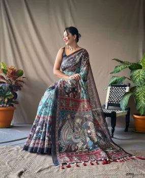 Blue Cotton Kalamkari Print Saree