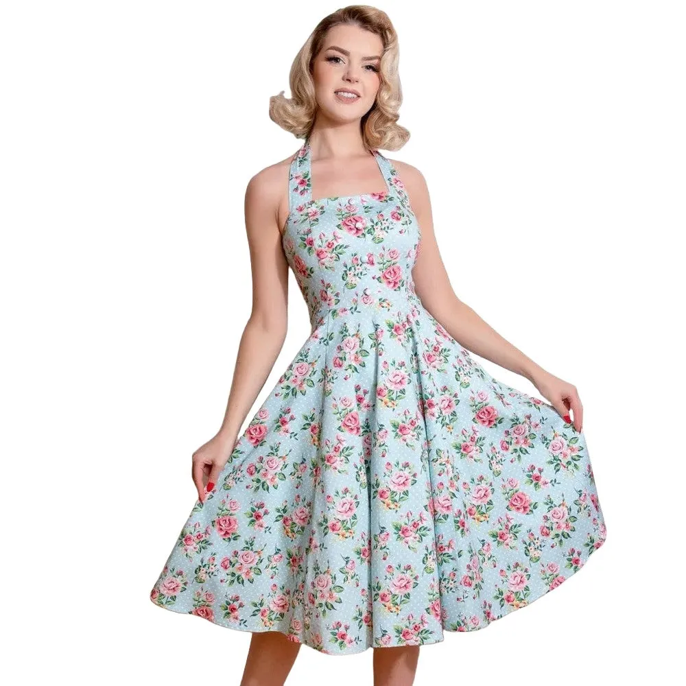 Blue Floral Print Polka Dot Halter Neck 50s Swing Dress