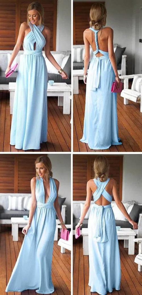 Blue Long Bridesmaid Dresses,Cheap Simple Convertible Summer Beach Wedding Party Dress,SVD486