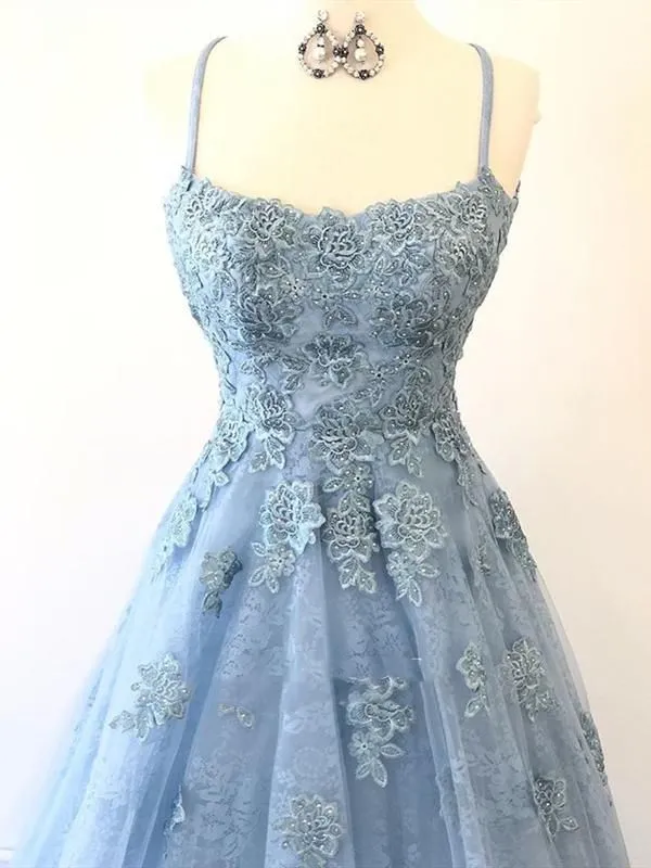 Blue Scoop Neck Light Blue Backless Lace Prom Dresses Lace Formal Evening Dresses,DP427