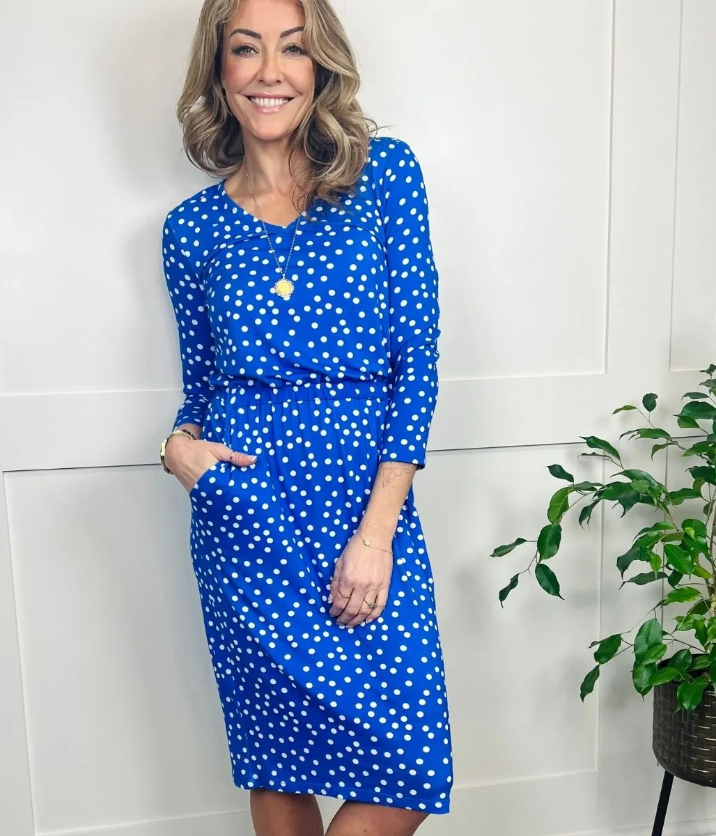 Blue Spot Print Jersey Dress