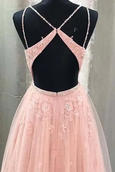 Blush Lace A-line V Neck Open Back Spaghetti Straps Long Prom Dresses, M324