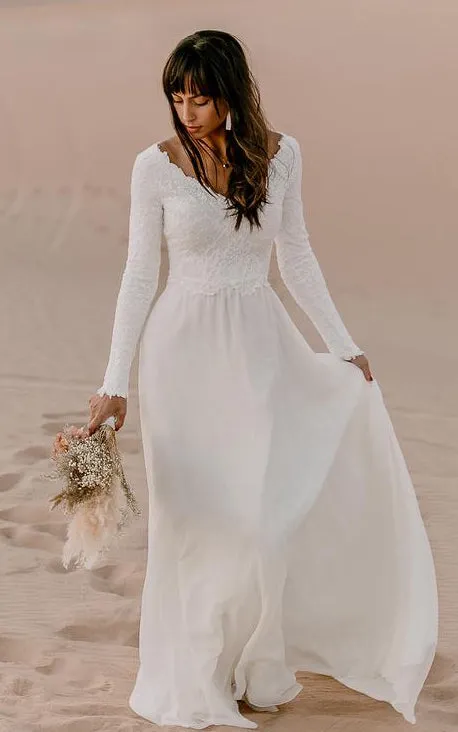 Bohemian A Line V-neck Chiffon Lace Long Sleeve Wedding Dress with V Back and Sweep Train-715922