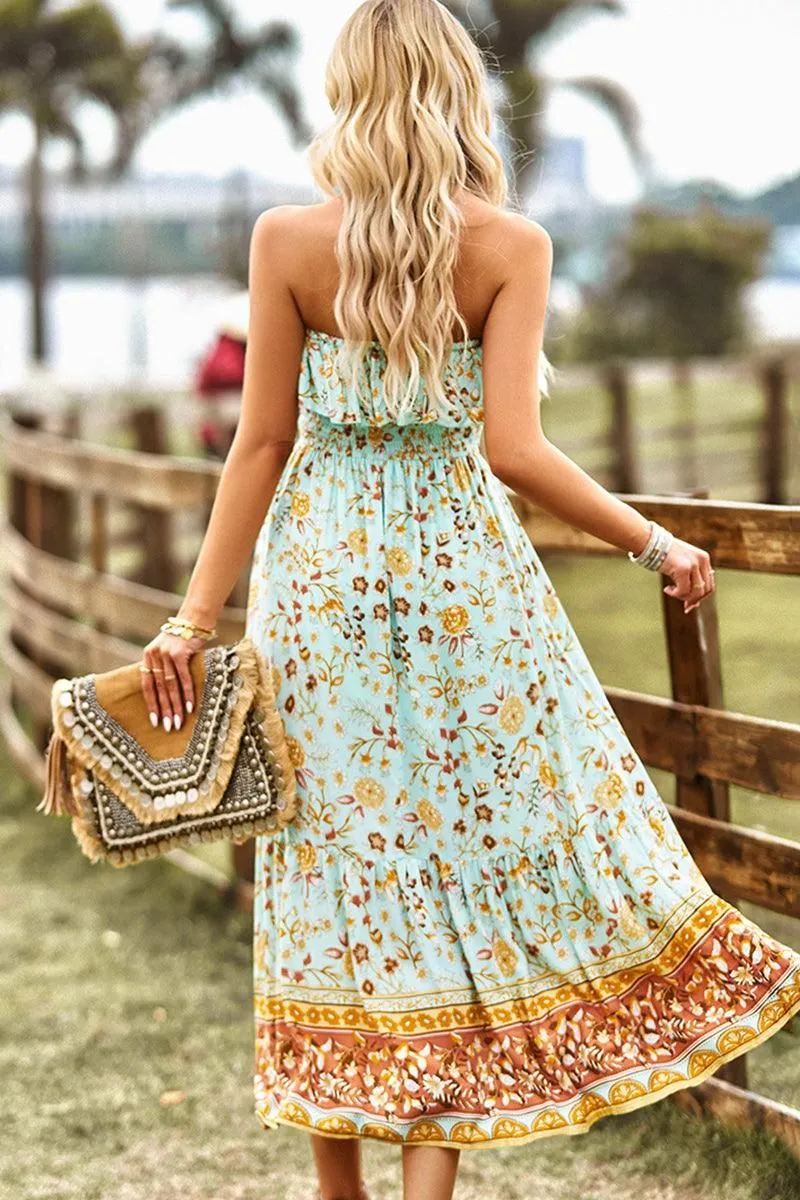 BOHEMIAN RUFFLED CHEST FLARE SLIT TUBE DRESS