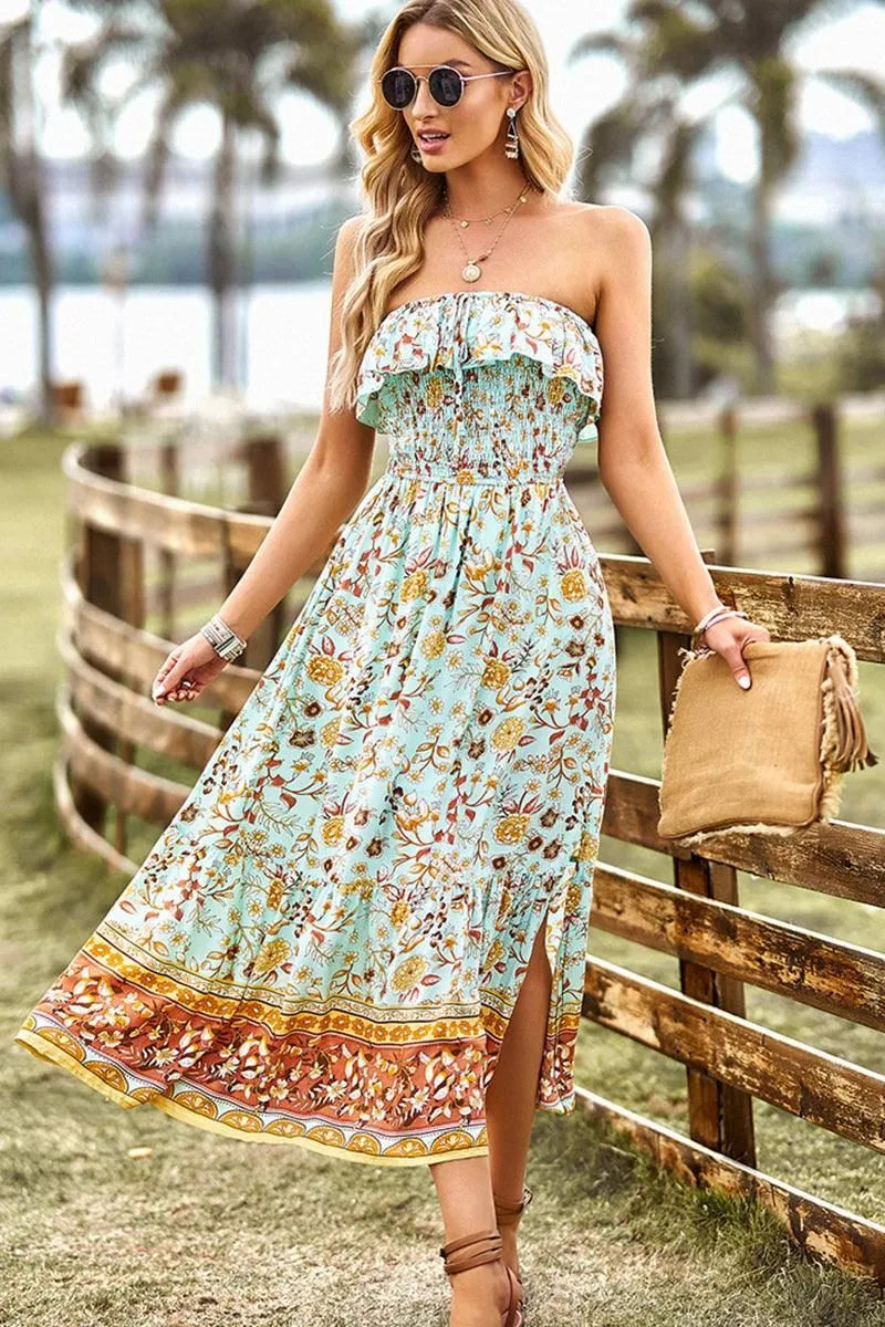 BOHEMIAN RUFFLED CHEST FLARE SLIT TUBE DRESS