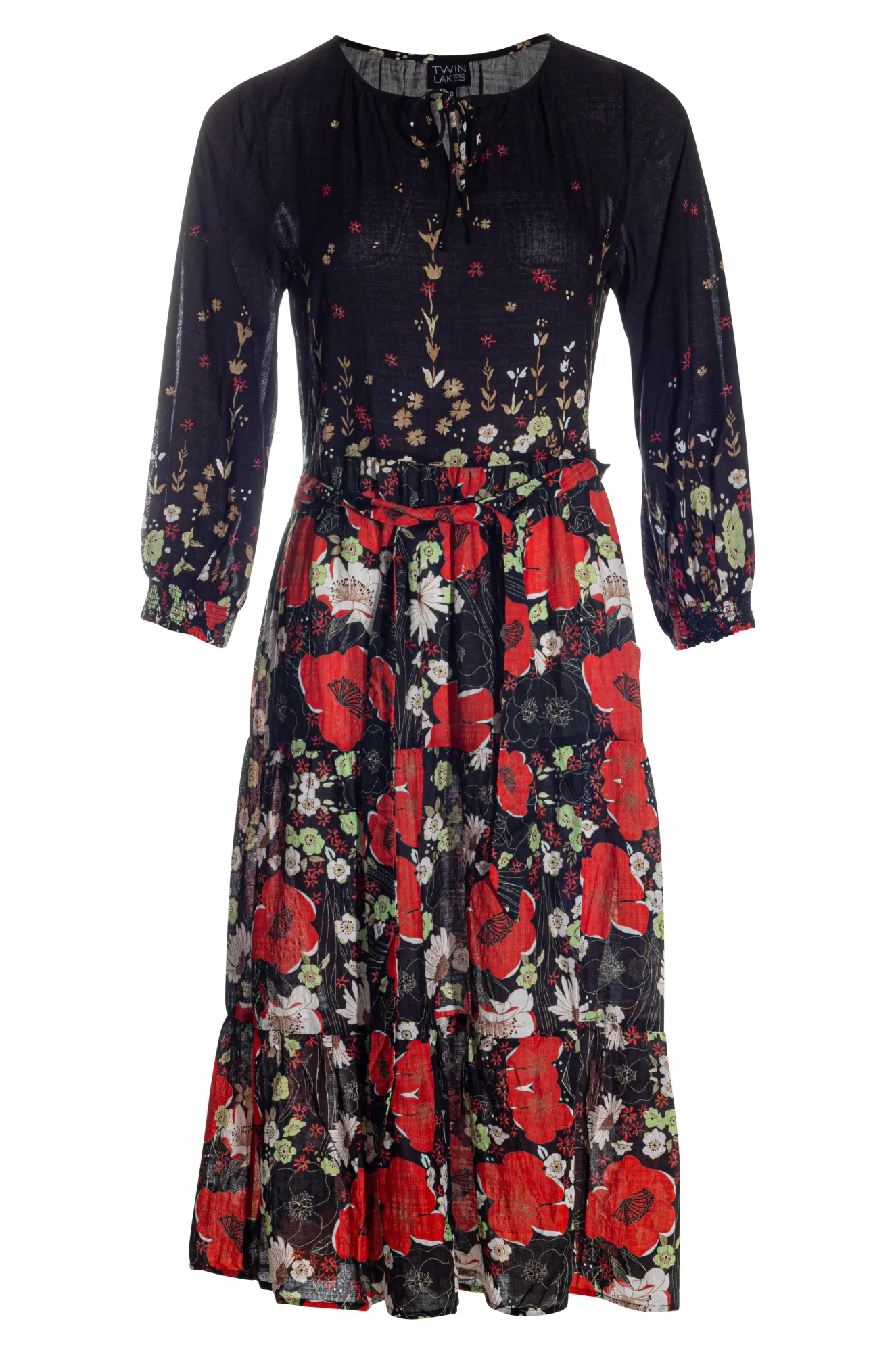 Border print Cotton Blend Dress | Red Black Poppies | 6547AR