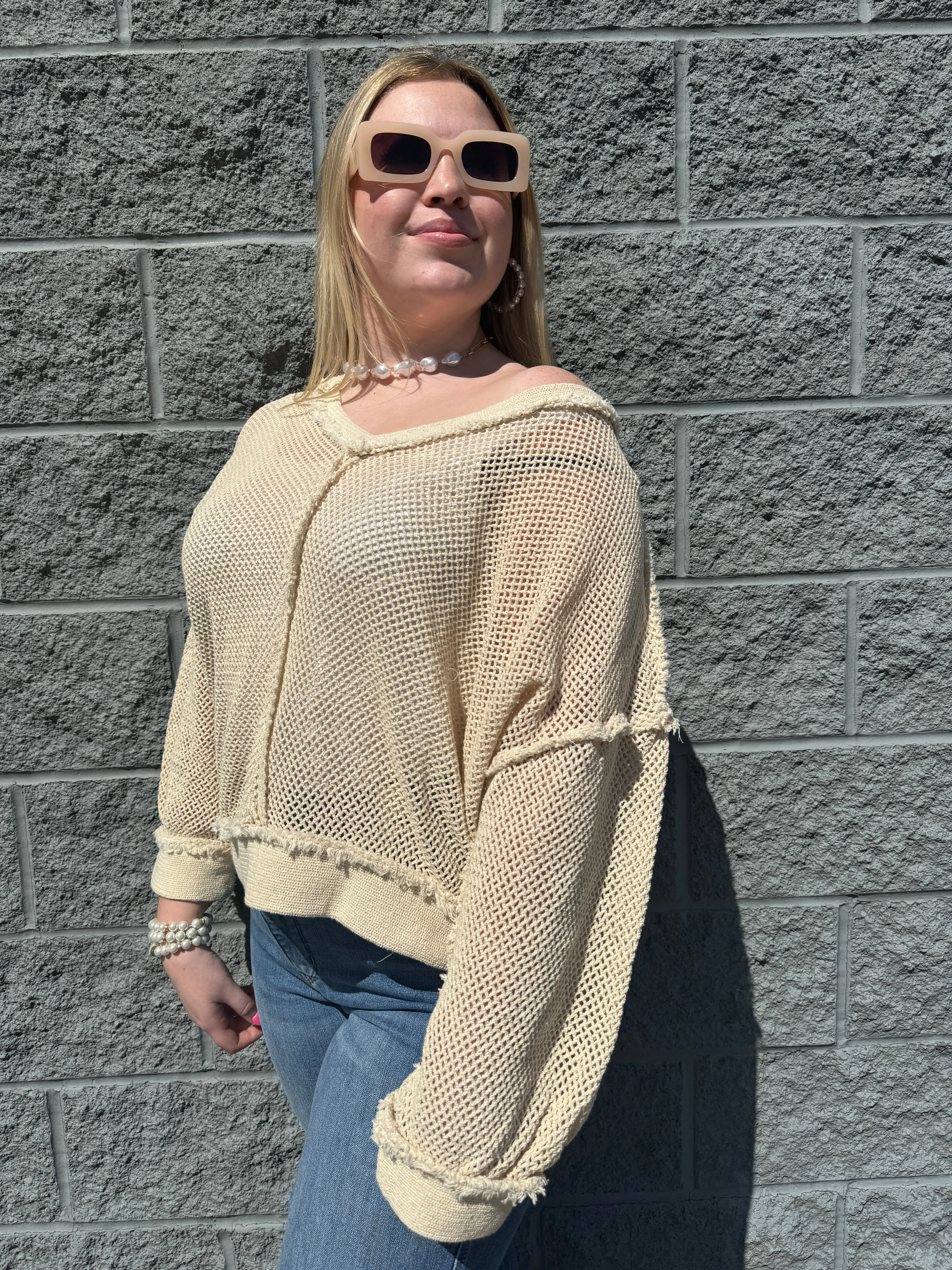 Brooke - An  Open Weave Raw Seam Long Sleeve Top