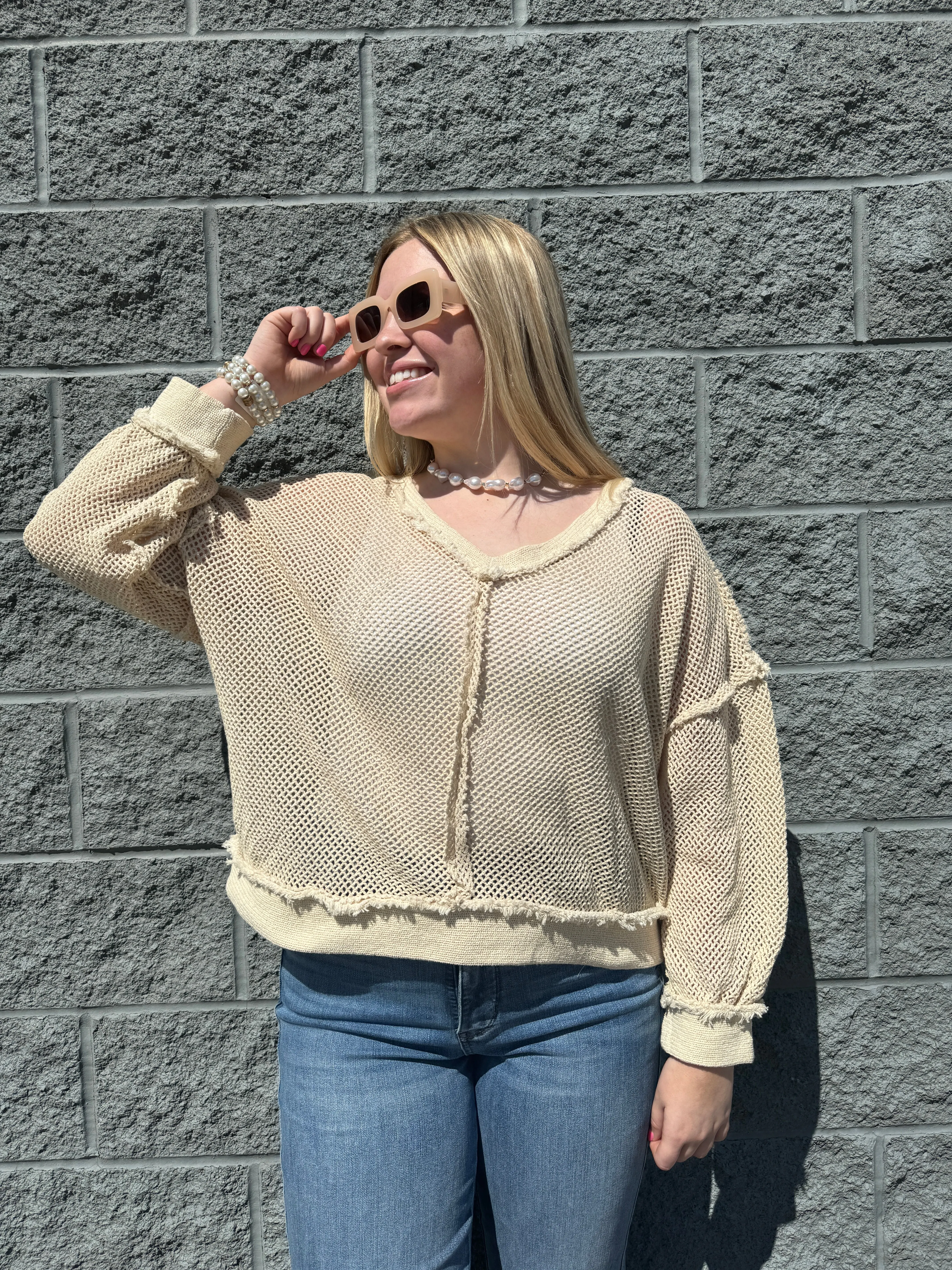 Brooke - An  Open Weave Raw Seam Long Sleeve Top